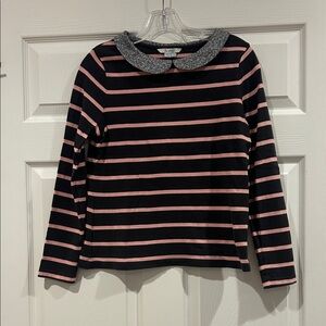Boden Pink and Black Striped Long Sleeve Shirt with Glitter Collar